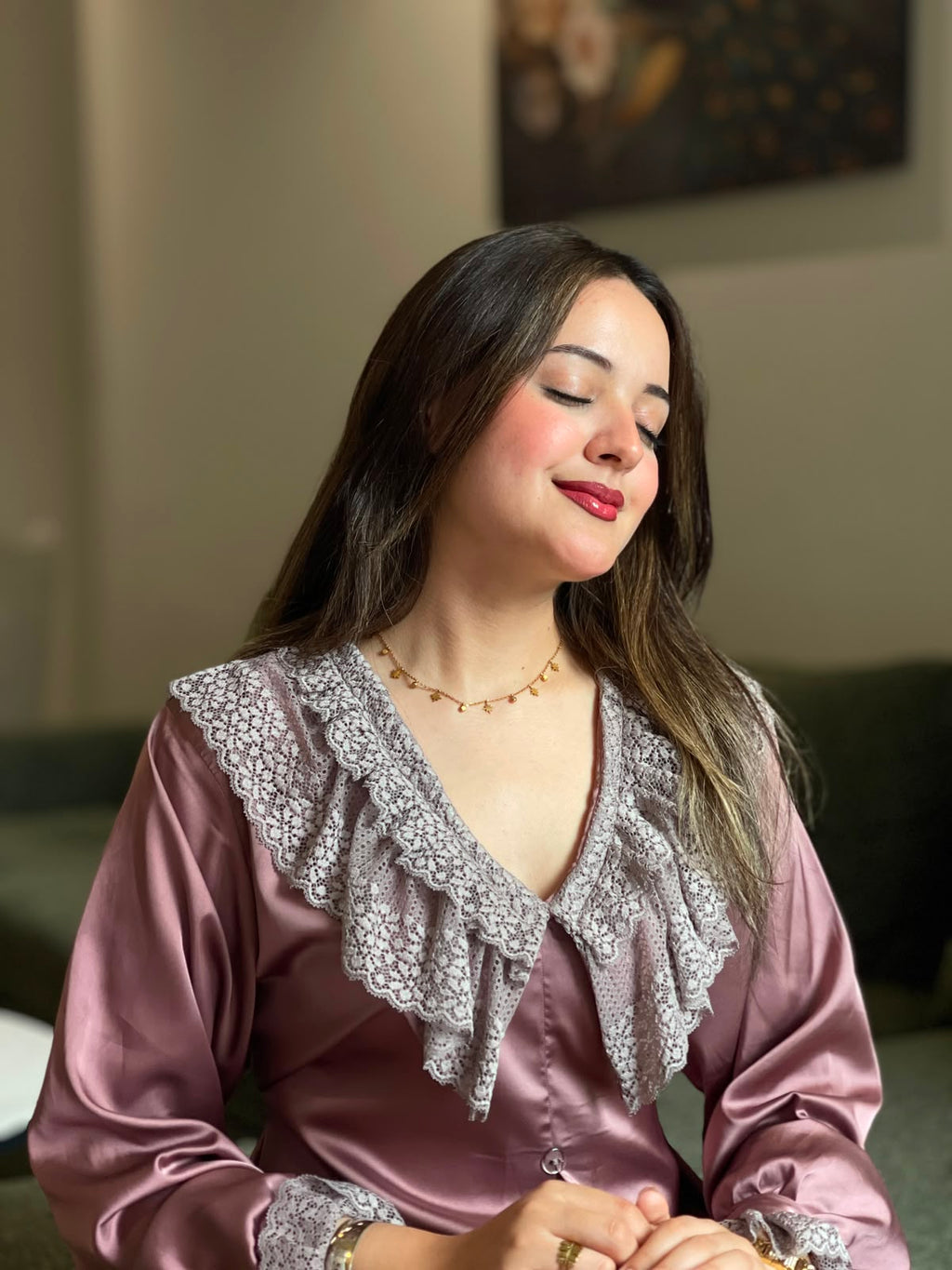 Pyjama en satin avec dentelle – Rose Poudré