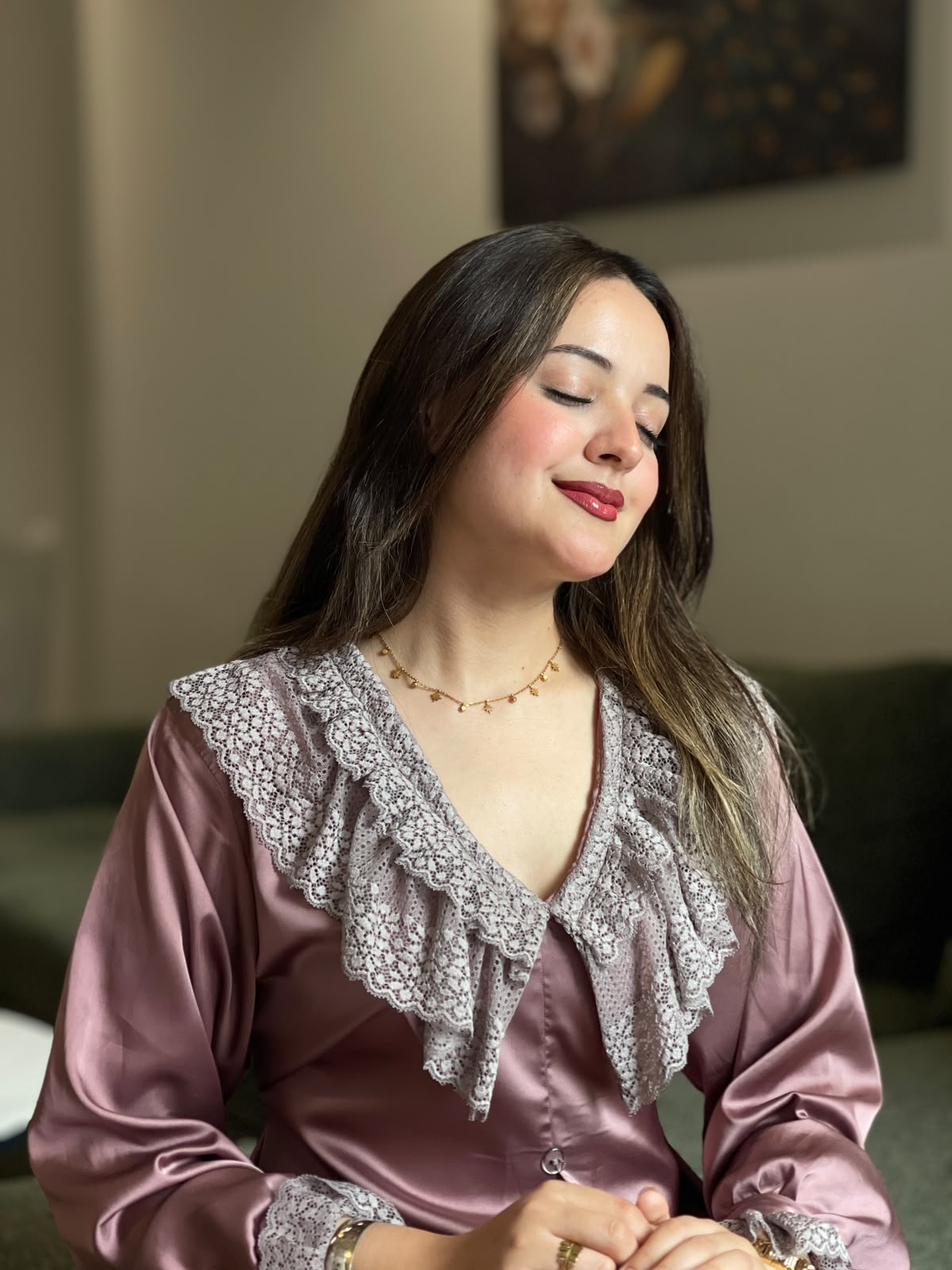 Pyjama en satin avec dentelle – Rose Poudré