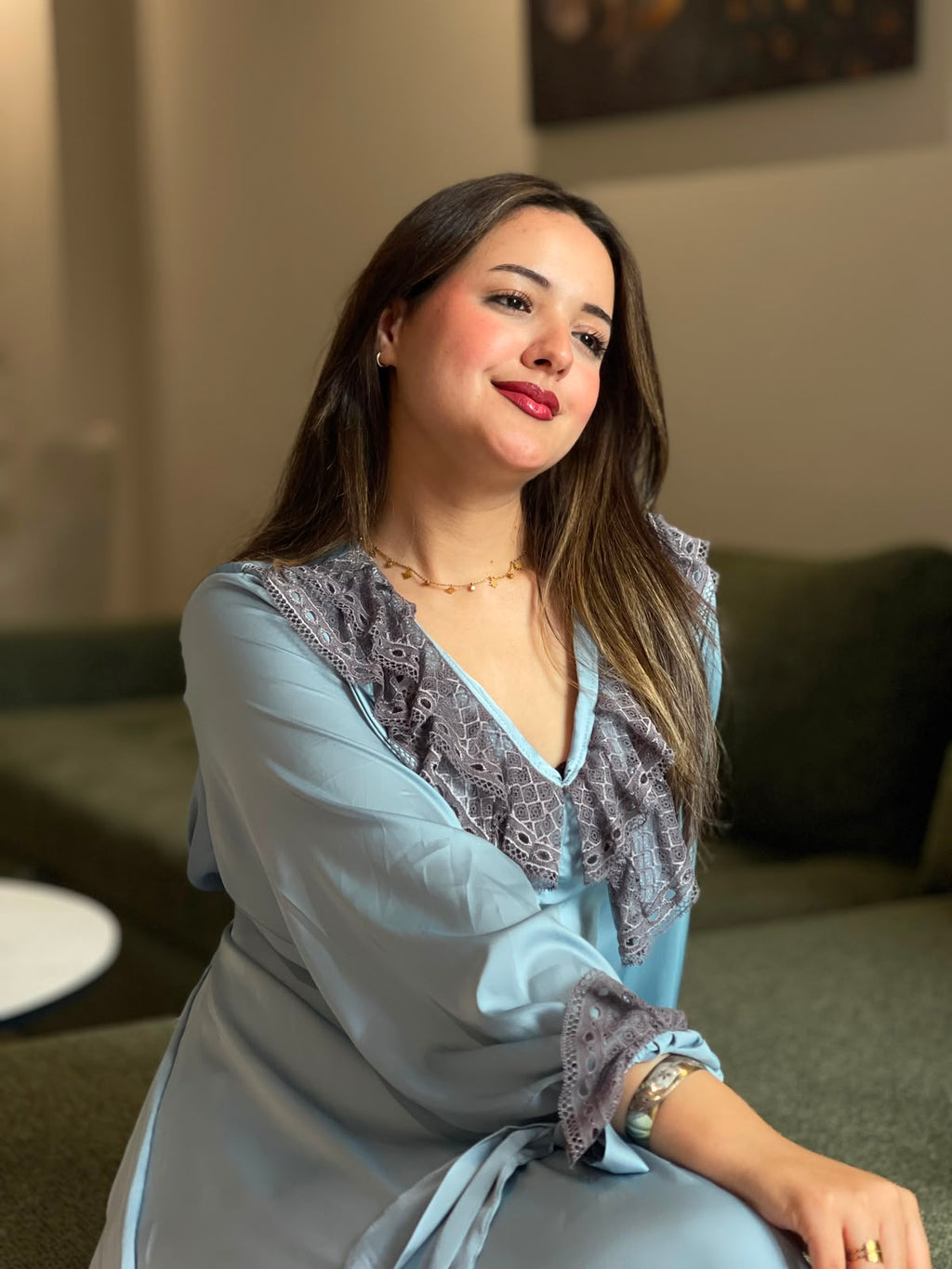 Pyjama en satin avec dentelle – Bleu Ciel
