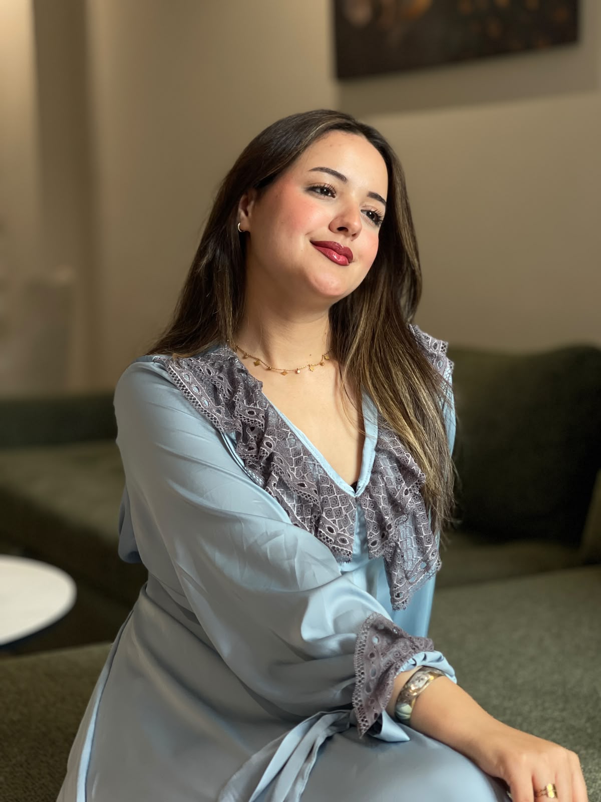 Pyjama en satin avec dentelle – Bleu Ciel