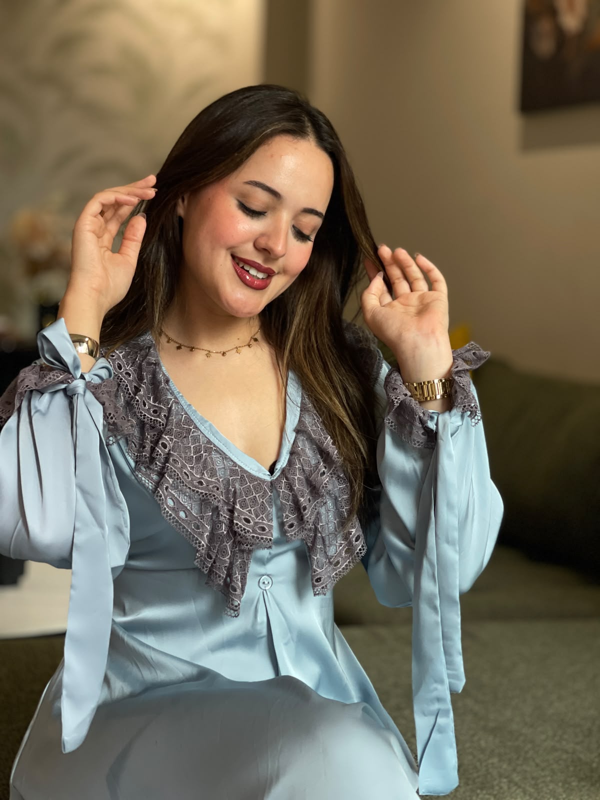 Pyjama en satin avec dentelle – Bleu Ciel