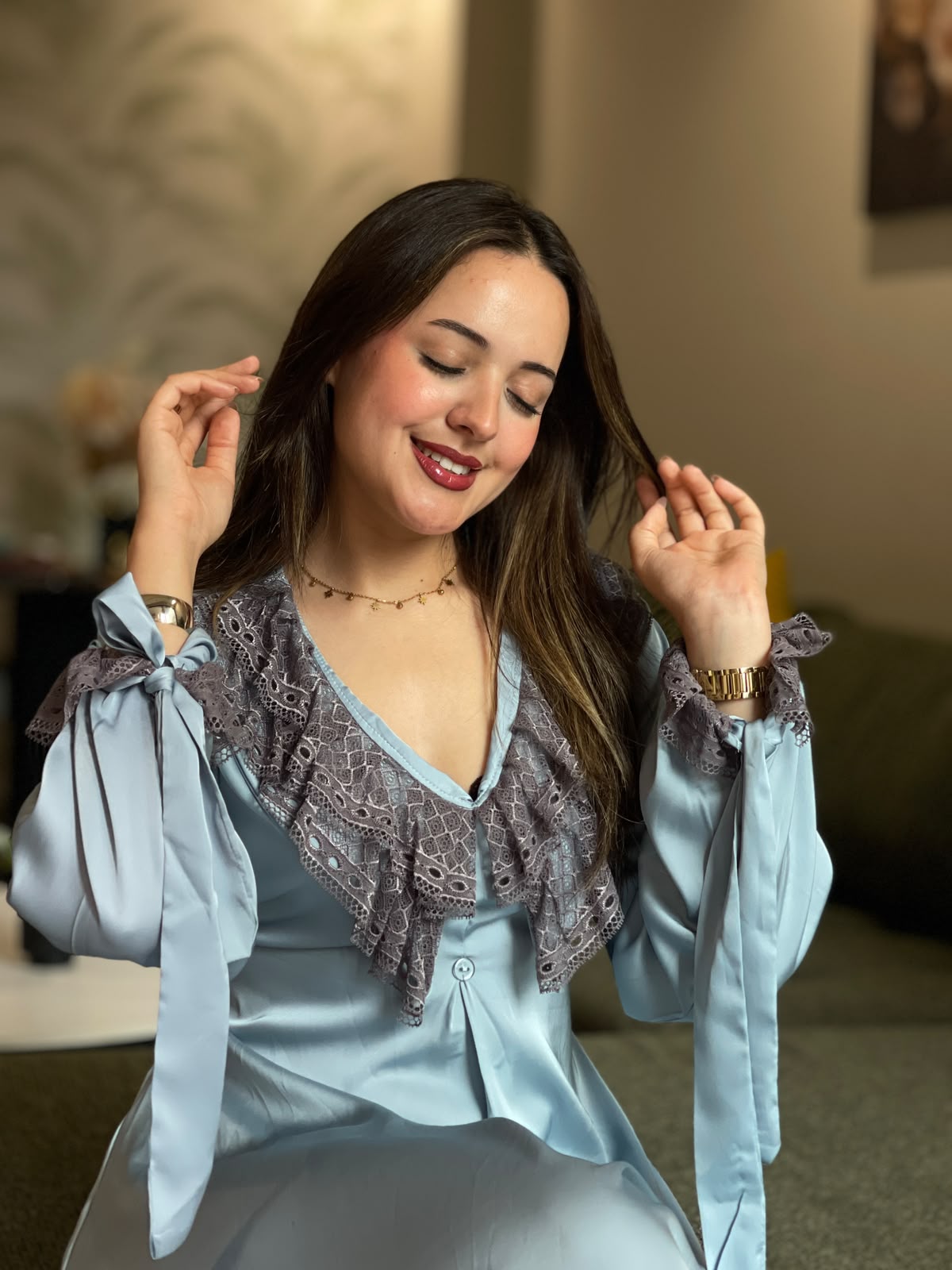 Pyjama en satin avec dentelle – Bleu Ciel